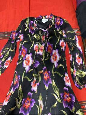 Floral Black Long-Sleeve Women's Dress with Purple & Orange Flowers